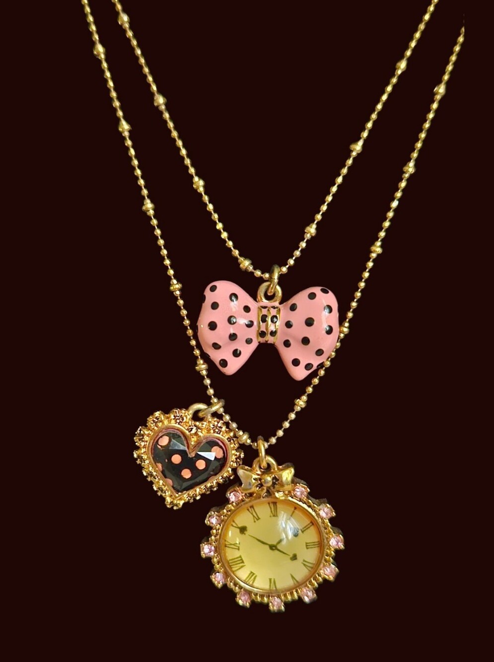 🕰️🎀Betsey Clock Bow Heart Double Chain Layered Necklace - NWOT